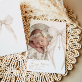 Invitation Pearls Bow Ivory elegant Arch Photo Baptism