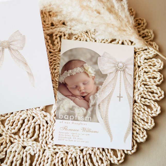 Invitation Pearls Bow Ivory elegant Arch Photo Baptism (Créateur téléchargé)