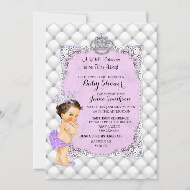 Invitation Pearls Diamonds Brunette Princess Baby Lavender (Devant)
