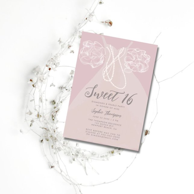 Invitation Pearls Princess Robe Blush Rose Sweet 16 Party (Créateur téléchargé)