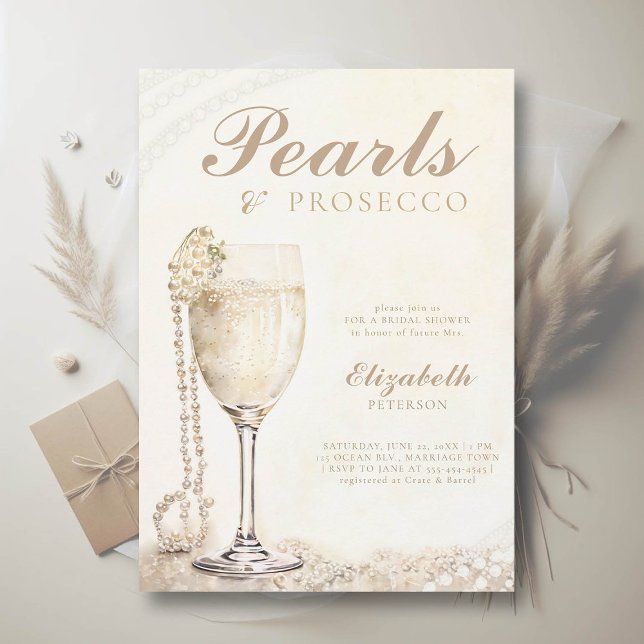 Invitation Pearls Prosecco Ecru Elegant Brunch Fête des marié (pearls and prosecco bridal shower invitation brunch lunch elegant modern romantic watercolor ecru)