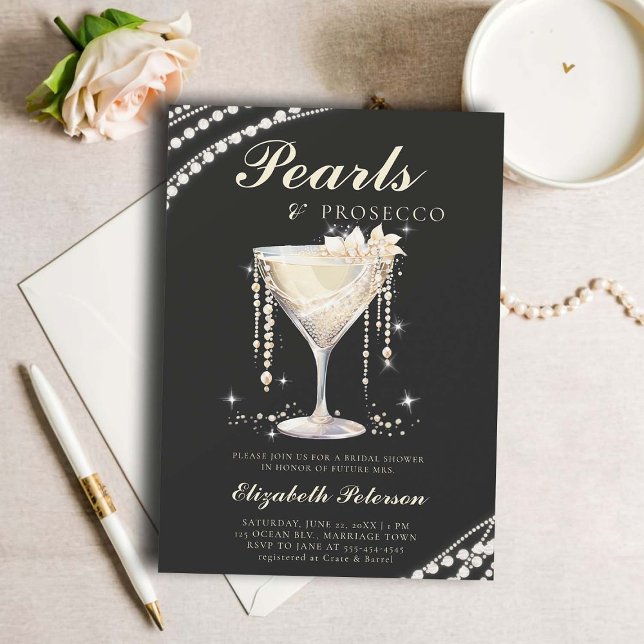 Invitation Pearls Prosecco Ivory Black Elegant Fête des marié (pearls prosecco bridal shower invitation brunch template card champagne watercolor ivory black)