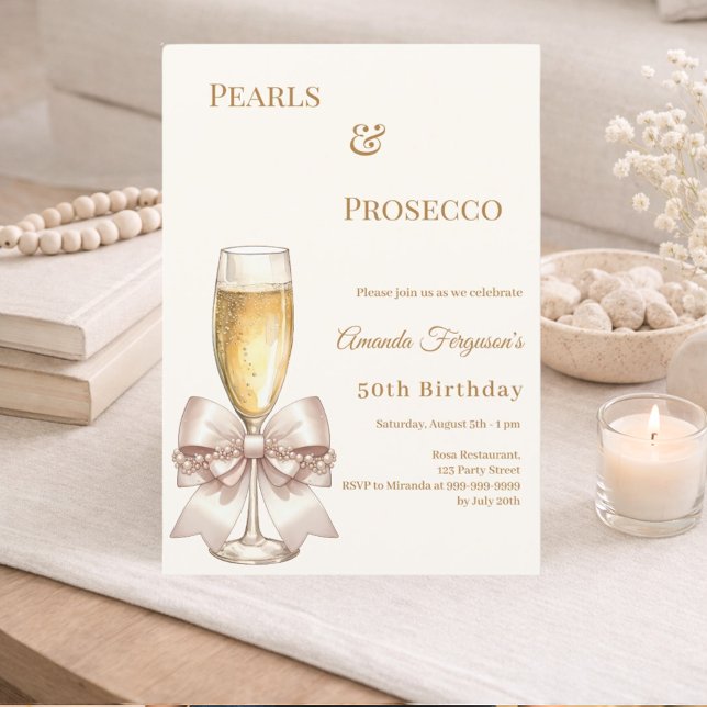 Invitation Pearls Prosecco ivory golden bow elegant birthday  (Créateur téléchargé)