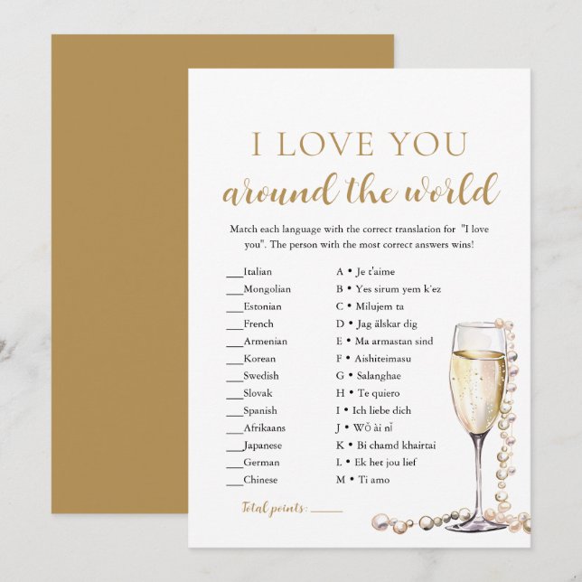 Invitation Pearls & Prosecco Je t'aime autour du monde jeu (Devant / Derrière)