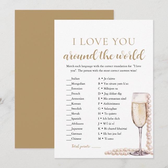 Invitation Pearls & Prosecco Je t'aime autour du monde jeu (Devant / Derrière)