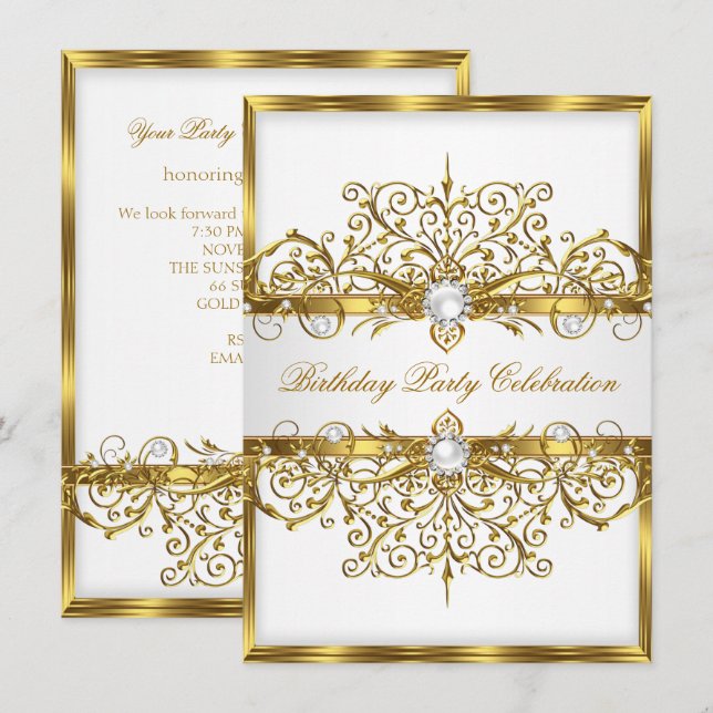 Invitation Pearls White Gold Élégante fête d'anniversaire 2 (Devant / Derrière)