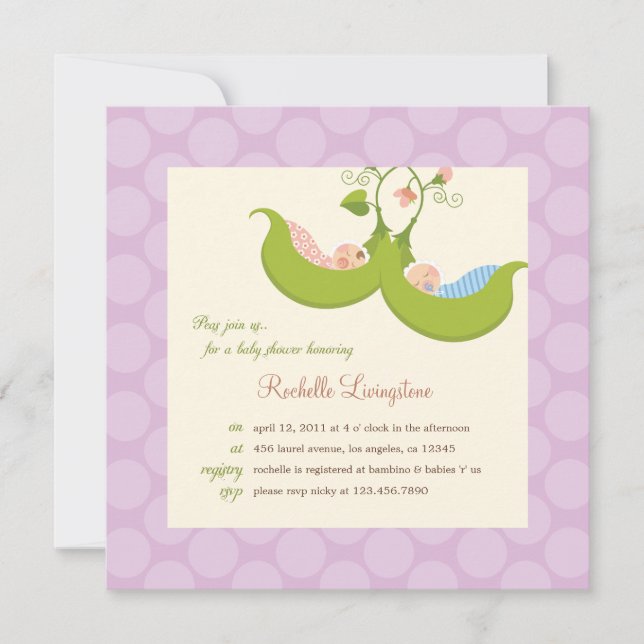 Invitation Peas dans un Pod Twin Boy Girl Baby shower Invitat (Devant)