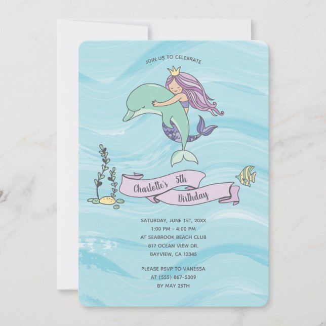 Invitation Peau claire mauve sirène avec dauphin Anniversaire (Devant)