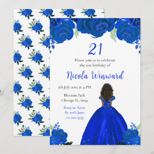 Invitation Peau foncée Princesse Florale Bleue Fête d'anniver
