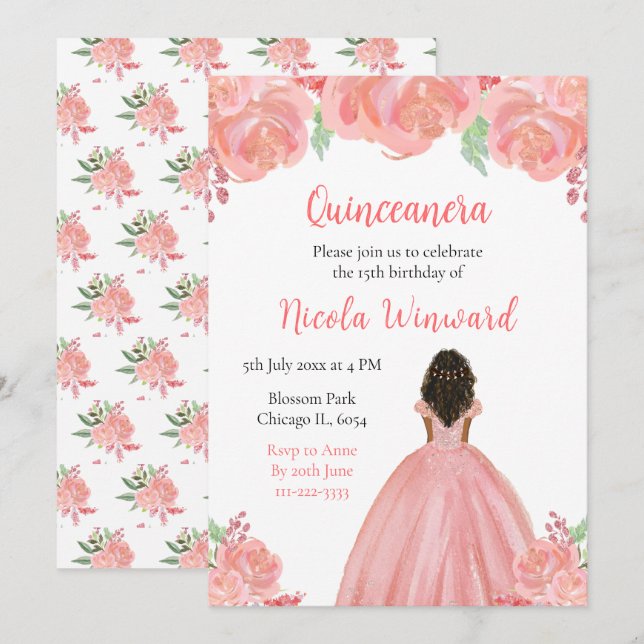 Invitation Peau foncée princesse rose Floral Quinceanera (Devant / Derrière)