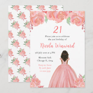 Invitation Peau foncée princesse rose florale fête d'annivers