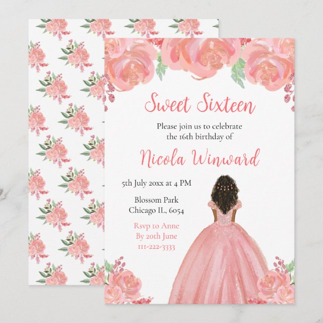 Invitation Peau foncée princesse rose Sweet sixteen floral (Devant / Derrière)