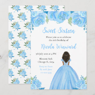 Invitation Peau foncée Princesse Sweet sixteen Floral bleu