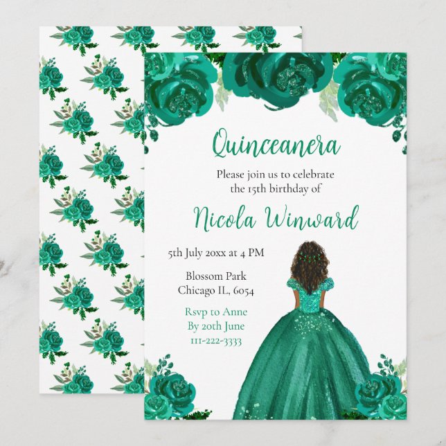 Invitation Peau foncée Princesse Vert Floral Quinceanera (Devant / Derrière)