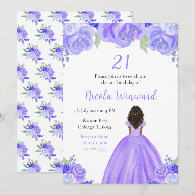 Invitation Peau foncée princesse violet florale fête d'annive (Devant / Derrière)