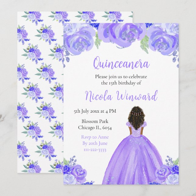 Invitation Peau foncée princesse violette Quinceanera (Devant / Derrière)
