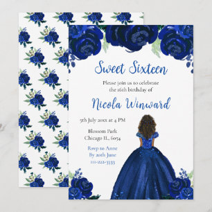 Invitation Peau noire Princess Marine Sweet sixteen floral