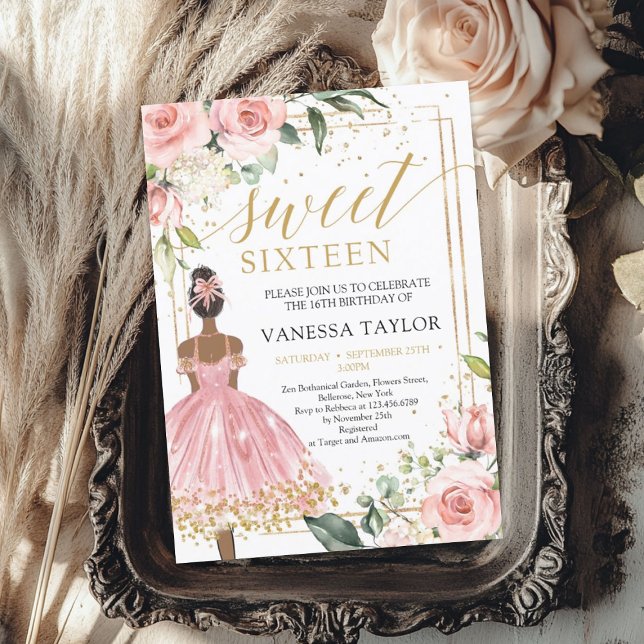 Invitation Peau noire Robe princesse rose robe blush or flora (Black skin Princess pink dress blush floral gold Invitation)