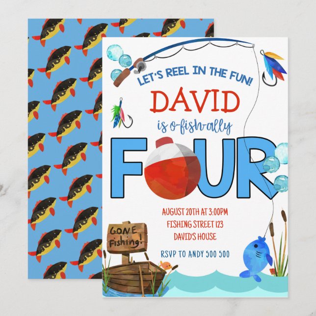 Invitation Pêche 4e anniversaire Boy Party O-fish-ally (Devant / Derrière)