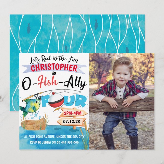 Invitation Pêche 4e anniversaire O-Fish-Ally 4 Photo (Devant / Derrière)
