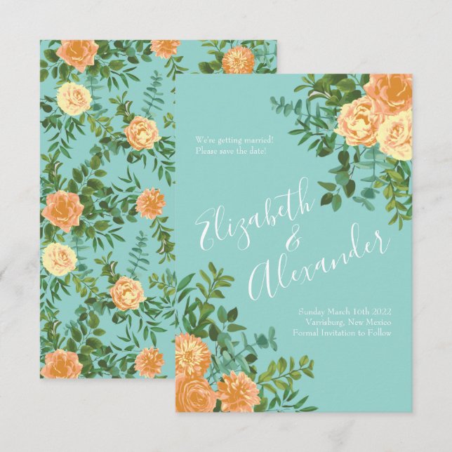 Invitation Pêche Aqua Turquoise Mariage Roses Floral (Devant / Derrière)