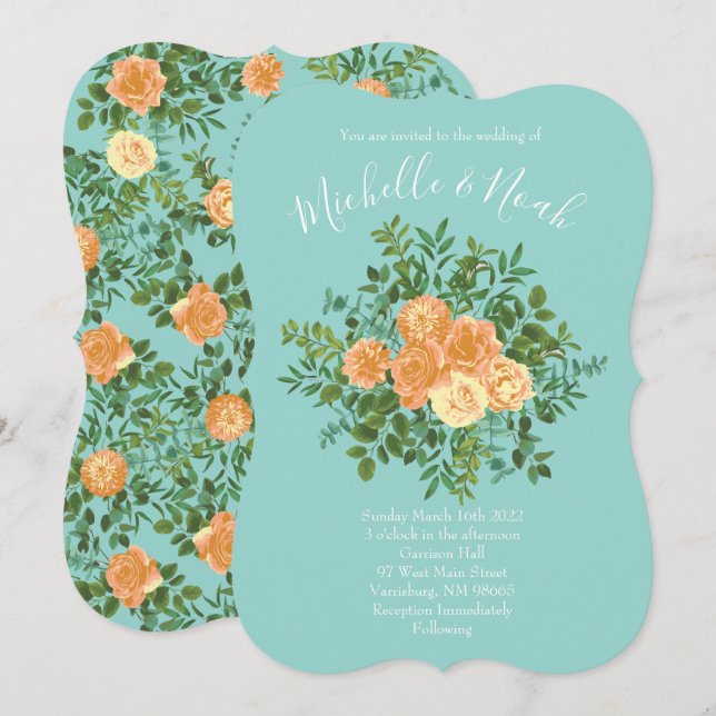 Invitation Pêche Aqua Turquoise Mariage Roses Floral (Devant / Derrière)