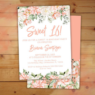 Invitation Pêche Blush ivoire Floral Sweet 16 Anniversaire