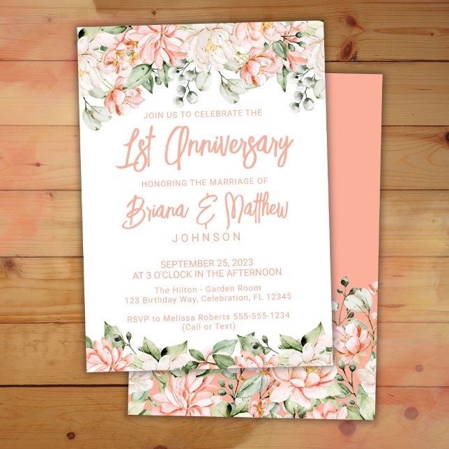 Invitation Pêche Blush Ivory Floral 1er Anniversaire Mariage (Créateur téléchargé)