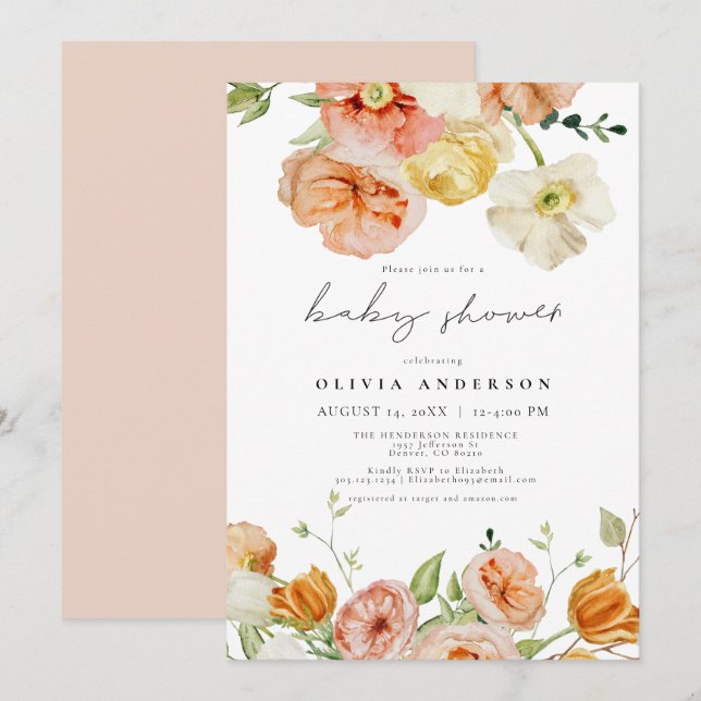 Invitation Pêche & Blush Spring Floral Girl Baby shower (Devant / Derrière)
