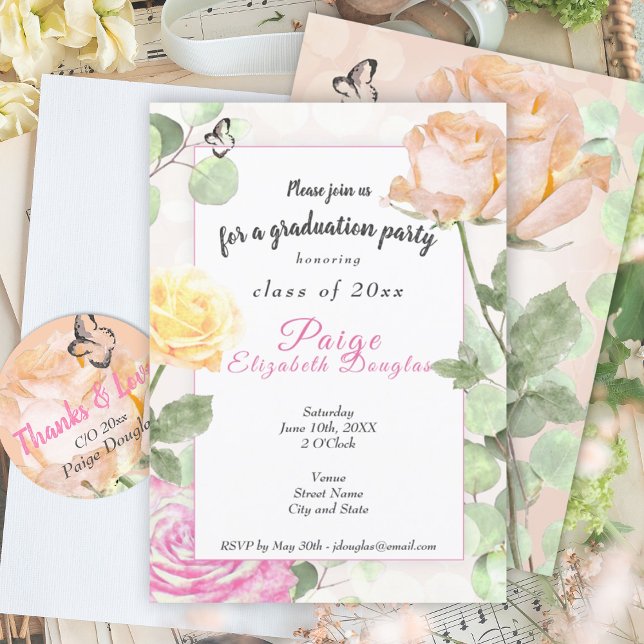 Invitation Pêche Botanique vintage Dusty, Graduation Rose (floral roses peach pink pastel girls graduation party invitation botanical girlie grad congrats)