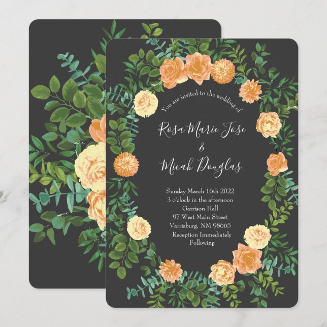 Invitation Pêche & Charcoal Gris Peony & Rose Floral Mariage (Devant / Derrière)