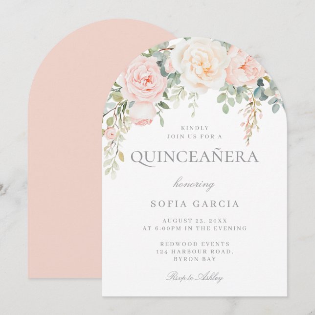 Invitation Pêche & Crème Floral Quinceanera 15ème Partie (Devant / Derrière)
