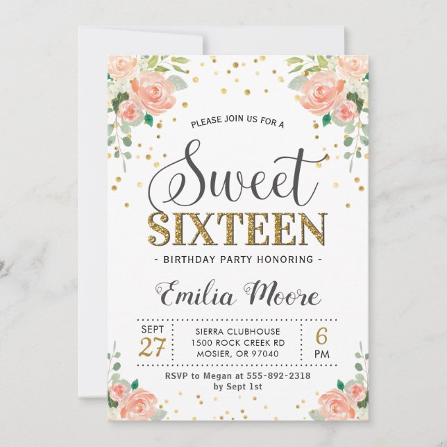 Invitation Pêche de pivoine florale Sweet sixteen 16 Fille An (Devant)