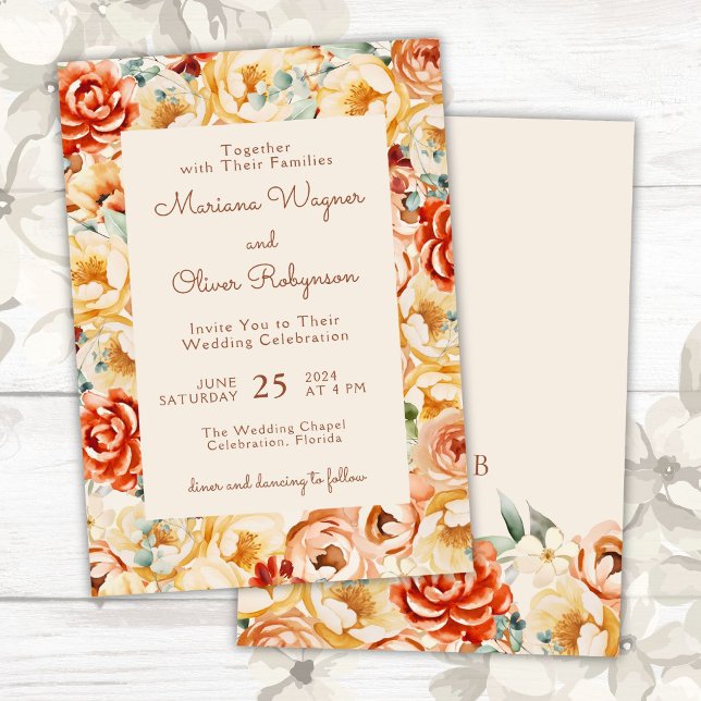Invitation Pêche de rouille Beige Romantique Floral Mariage (Créateur téléchargé)