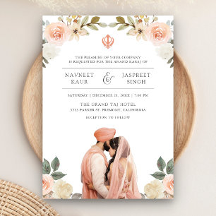 Invitation Pêche douce Floral Anand Karaj Indien Mariage Sikh