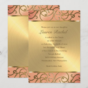 Invitation Pêche élégante bat mitzvah et Filigree d'or