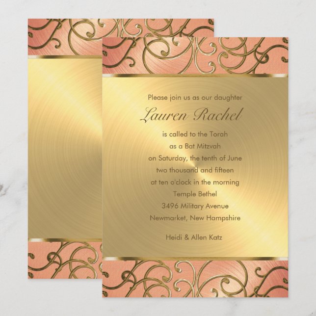 Invitation Pêche élégante bat mitzvah et Filigree d'or (Devant / Derrière)