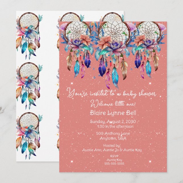 Invitation Pêche et Blue Dreamcatcher Baby shower fille (Devant / Derrière)