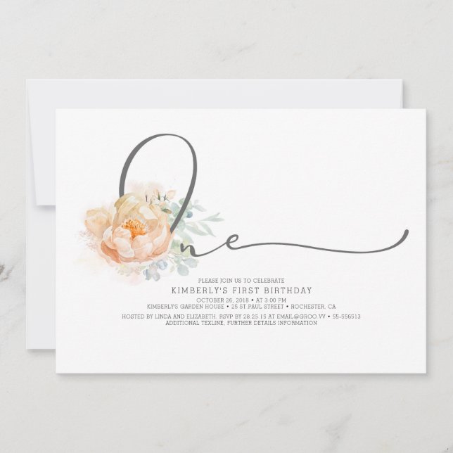 Invitation Pêche et crème Florale Élégante 1er anniversaire (Devant)