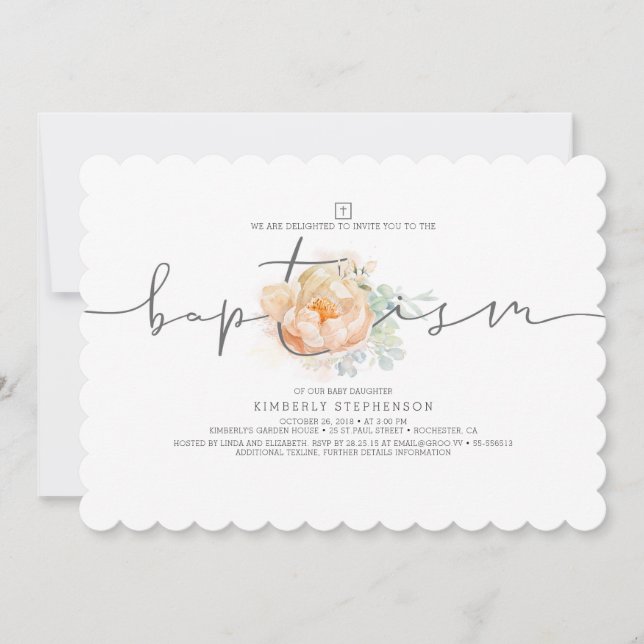 Invitation Pêche et crème Florale Élégante Filles Baptême (Devant)