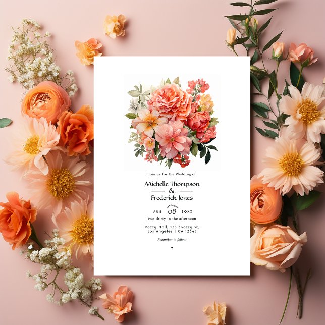 Invitation Pêche et Mariage floral de corail (Créateur téléchargé)