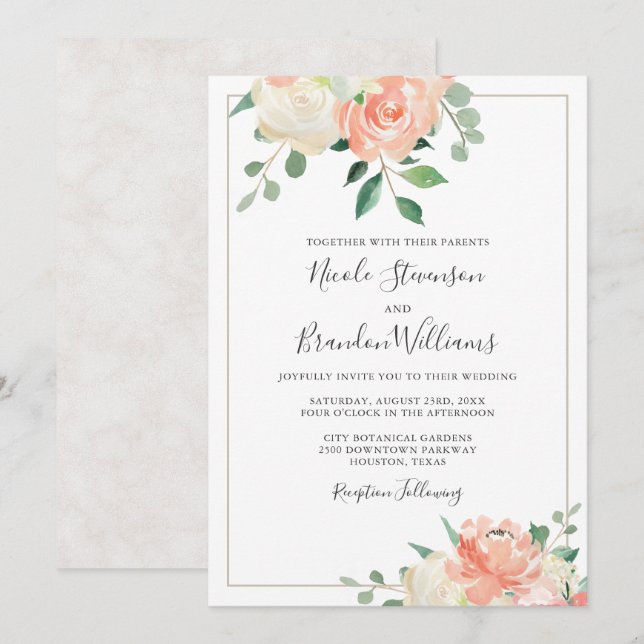 Invitation Pêche et Mariage floral hors-blanc élégant (Devant / Derrière)