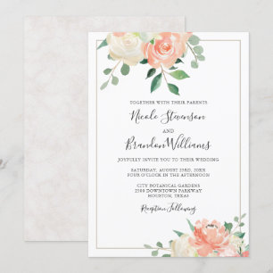 Invitation Pêche et Mariage floral hors-blanc élégant