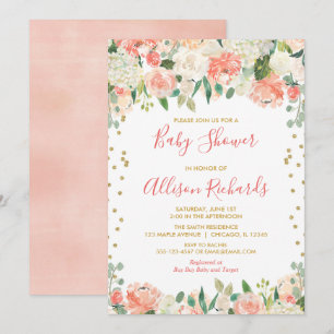 Invitation Pêche et or parties scintillant fleurie baby showe