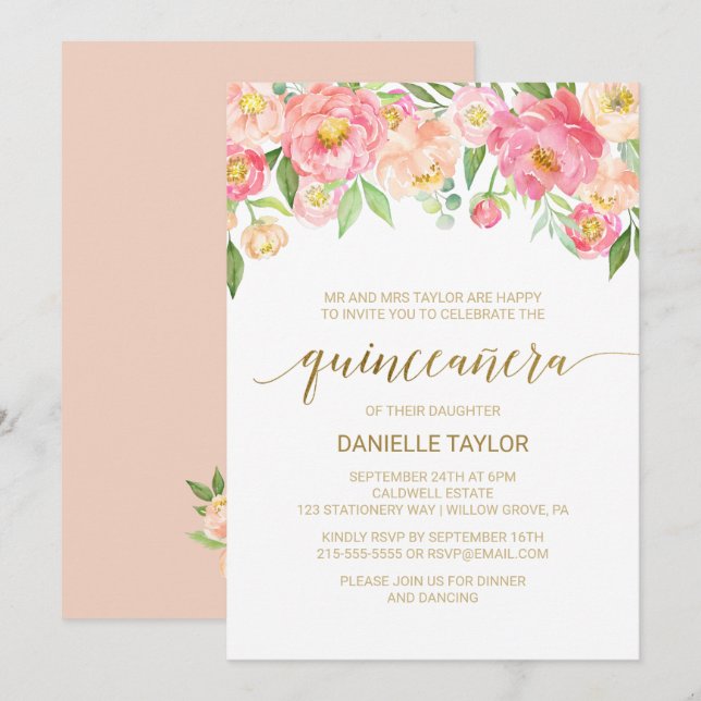 Invitation Pêche et poitrine rose Quinceanera (Devant / Derrière)