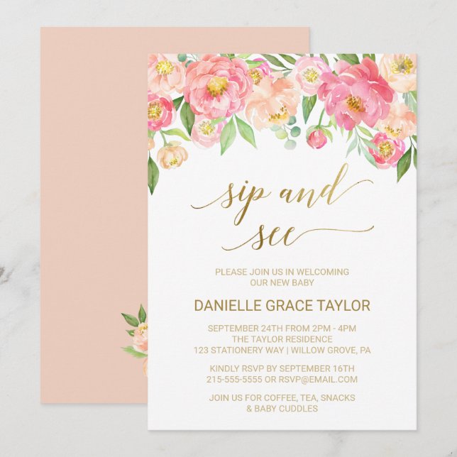 Invitation Pêche et rose des fleurs de pivoine Sip et voir (Devant / Derrière)
