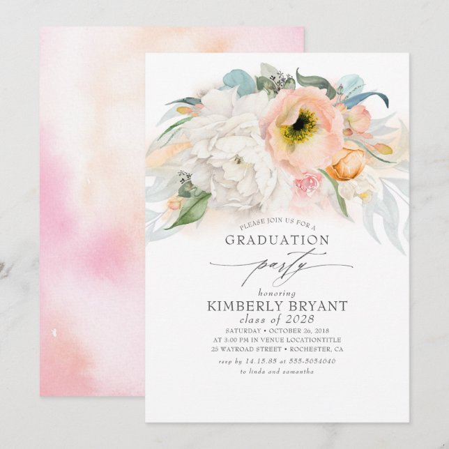 Invitation Pêche et rose Floral Élégant élégant Graduation (Devant / Derrière)