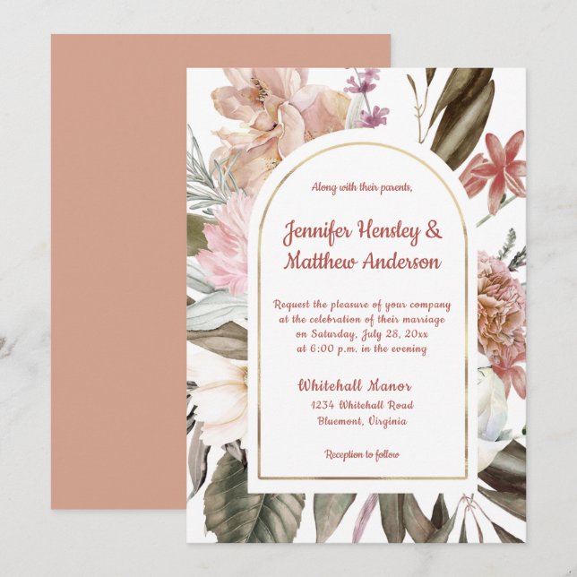 Invitation Pêche et Terracotta Rustique Floral Mariage I (Devant / Derrière)
