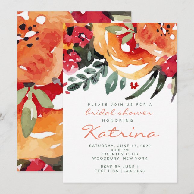 Invitation Pêche et verdure Aquarelle Fête des mariées floral (Devant / Derrière)