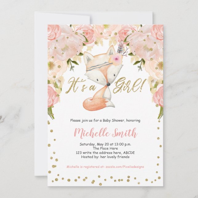 Invitation Pêche Floral, Fox, Woodland Baby Girl Douche (Devant)